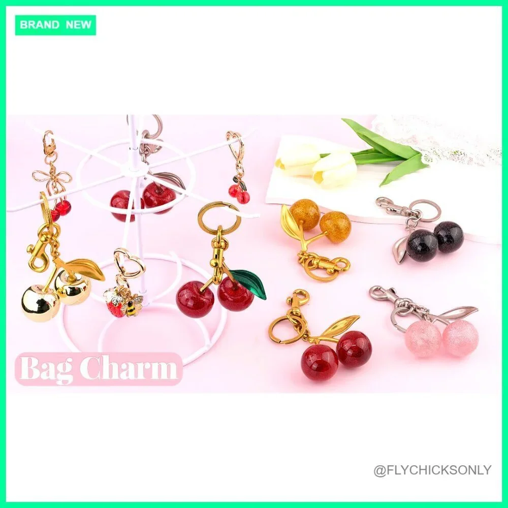 Cherry Bag Charm Keychain for Handbags, Alloy and Resin Material